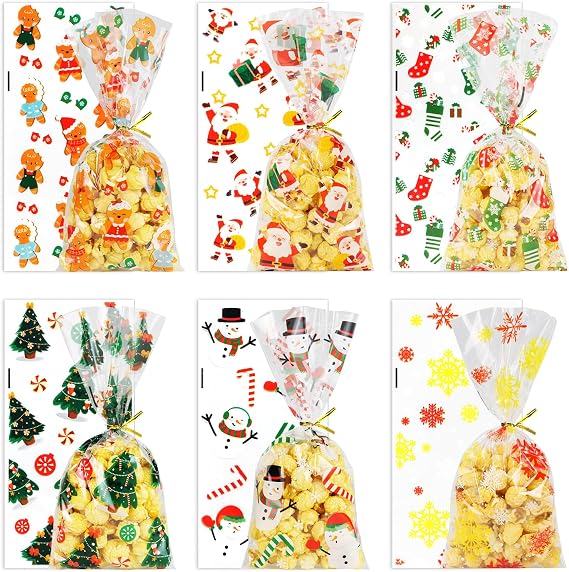 Lanfixilly 150Pcs Christmas Cellophane Treat Bags, 6 Styles Christmas Candy Xmas Goodie Gifts Bags with Twist Ties for Party Favor Supplies