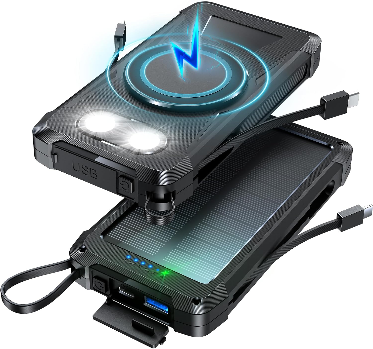 Magnetic Power Bank 20000mAh Wireless Portable Solar Charger 22.5W USB C PD QC 3.0 Fast Charging Camping External Battery Pack 5 Output 3 Input,with 2 LED Flashlight for Outdoor (blackgray)