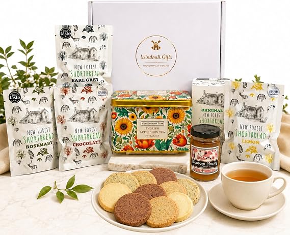 Tea and Biscuits Gift Set – Afternoon Tea Hamper with Award Winning Shortbread Biscuits, English Tea Tin & Blossom Honey – Birthday Gifts for Women and Men