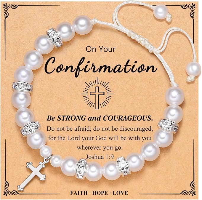 UNGENT THEM Girls Cross Pearl Bracelet-Baptism Confirmation First Communion Gifts for Girls Teens