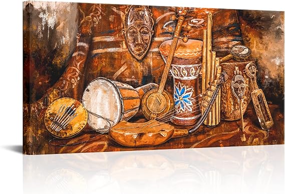 sechars African Drums Wall Art Vintage Ethnic Musical Instruments Painting on Canvas African Music Picture Poster for Living Room Decor Framed Ready to Hang 24"X48"