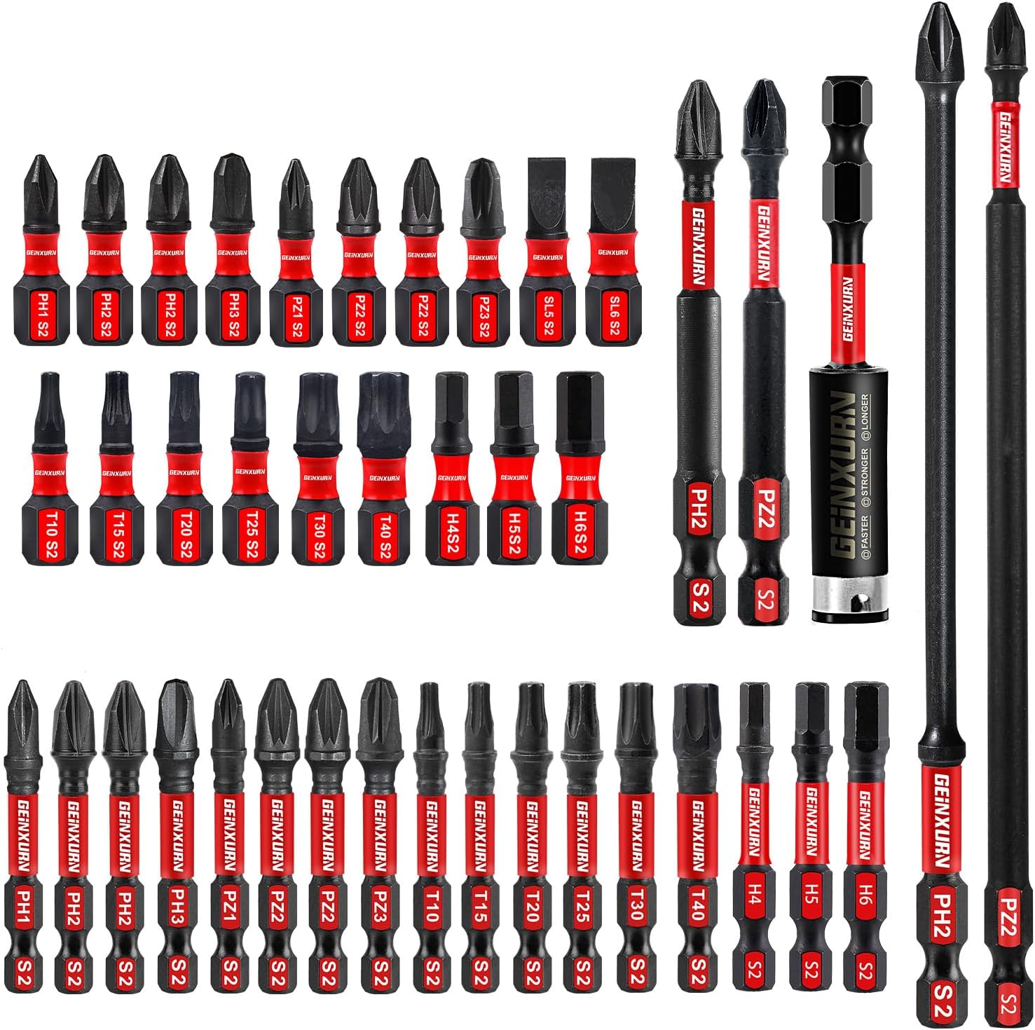 Geinxurn 41 Pieces Impact Screwdriver Bit Set (PH, TX, PZ, SL, hex), 1/4 inch Hexagonal Shaft S2 Alloy Steel 25/50/75/150 mm Bit Tips with 1Pc 75 mm Magnetic Bit Holder