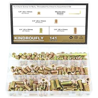 141 Pieces 1/4"-20 x 10mm/15mm/20mm/25mm Threaded Inserts, Nut Inserts, Wood Inserts, Steel Threaded Inserts for Wood Furniture Screw
