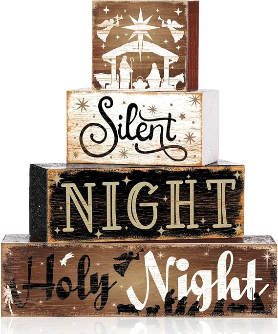 Moucuny 4 Pcs Christmas Wooden Signs Holy Night Farmhouse Table Decor