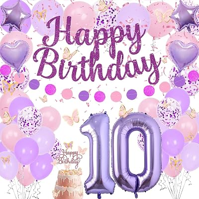 10th Birthday Decorations for Girls - Purple Pink 10 Birthday Decorations for Girl With Glitter Purple Happy Birthdays Banner, Circle Dots Garl, Balloon and Butterfly Stickers Etc Party Decor Supplies