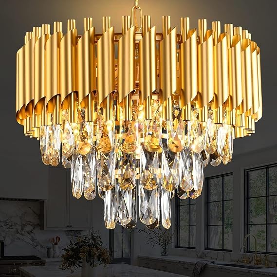 Gold Crystal Chandelier 3-Tier 40 cm 5 x E14 Dimmable Ceiling Light for Dining Room Living Room Foyer Kitchen Island Entrance [Energy Class F]