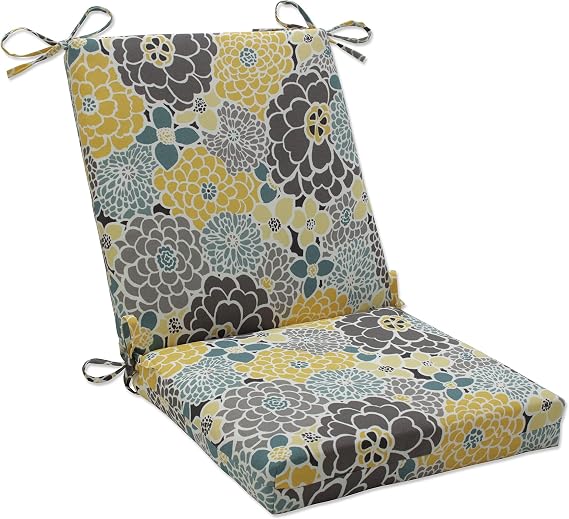 Pillow Perfect Bright Floral Indoor/Outdoor Solid Back 1 Piece Square Corner Chair Cushion with Ties, Deep Seat, Weather, and Fade Resistant, 36.5" x 18", Blue/Tan Lois, 1 Count