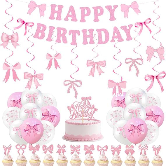 Pink Bow Birthday Decorations Girl - 32 Pcs Pink Bow Party Set
