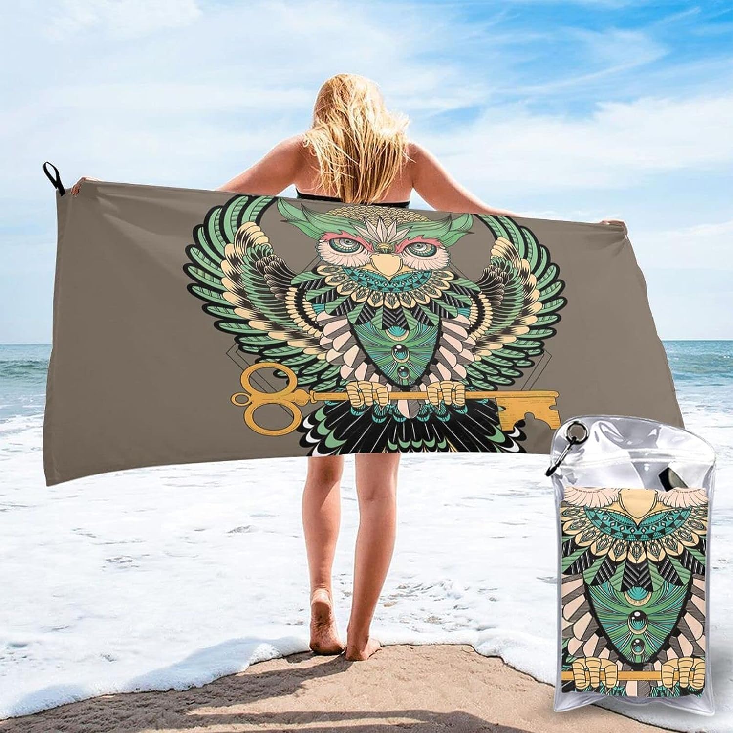 Large Bath Towel, Beach Towel, Owl, Retro, Key, Microfiber Towel, Absorbent, Quick Drying, Face Towel, Fluffy, Texture, Antibacterial, Odor Resistant, Swimming, After Bathing, Durable, For Home Use