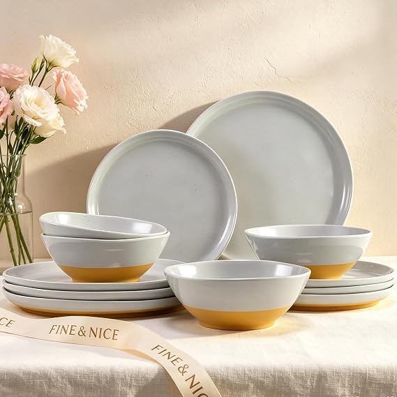 FINE&NICE Melamine Dinnerware Set,Two-Tone 12 Pcs, Plates & Bowls for 4 | non breakable dinnerware,Dinner Dishes Set for Patio,RV and Camping,Dishwasher Safe