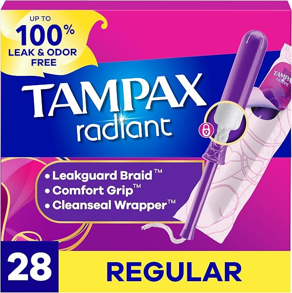 Tampax Radiant Tampons, #1 Tampon Brand, with LeakGuard Braid, Regular Absorbency, Up to 100% Leak and Odor Free Protection, Unscented, 28 Count