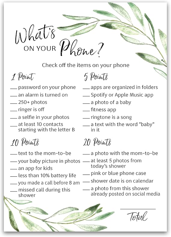 Greenery Baby Shower Games What's ON Your Phone Game Pack of 25 Gender Neutral Baby Shower Activity, Succulent Rustic Olive Green Co-ed Couples Shower, Gender Reveal G320-PHN