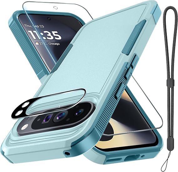 Case for Google Pixel 9 Pro XL, Full Body Heavy Duty Rugged Shockproof Protective Phone Cover with Lanyard Strap, Tempered Glass Screen Protector and Camera Lens Cover, Mint Green