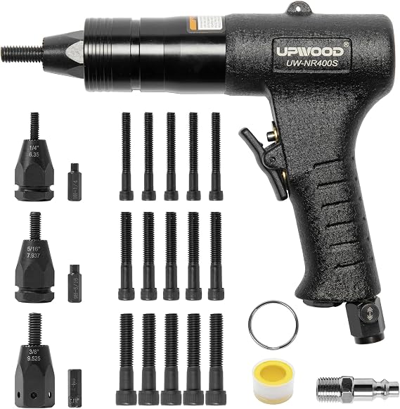 Pneumatic Rivet Nut Gun with 1/4-20, 5/16-18 & 3/8-16 Nose-Piece and Mandrels,Air Rivet Nut Pull Setter Tool, Quick-Change Nose-Piece Assembly, 5pcs Mandrels Included with Each Size