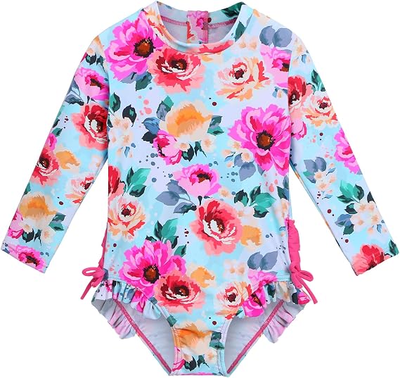 XFGIRLS Baby/Toddler Girls Swimsuit Long Sleeve One-Piece Bathing Suit Rash Guard for Kids UPF 50+ Swimwear