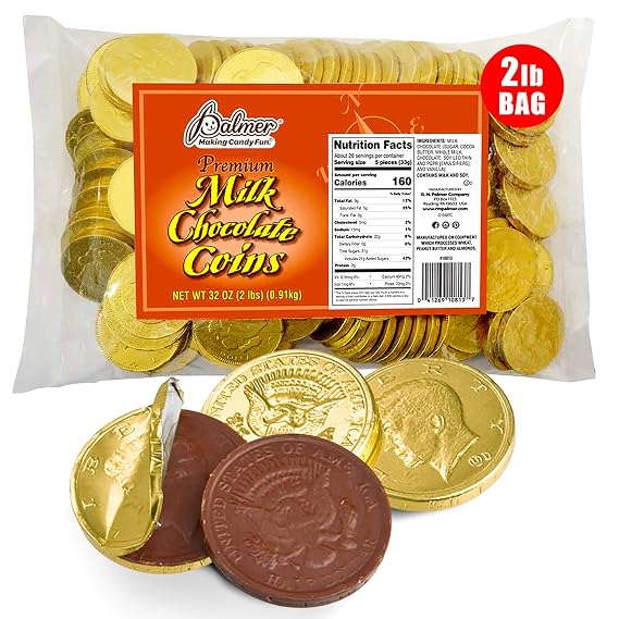 R.M. Palmer Milk Chocolate Gold Coin Half Dollars, Bulk Bag, Fun Sized, Treats, Candy, and Snacks, 2 Pound (Pack of 1)
