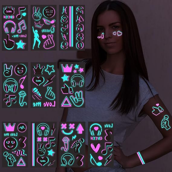 Konsait 10 Sheets Glow In The Dark Tattoos for Kids Adults, Safe and Easy to Use Neon Temporary Music Tattoos, Music Notes UV Blacklight Tattoo, Glow In The Dark Party Makeup Supplies Party Favors