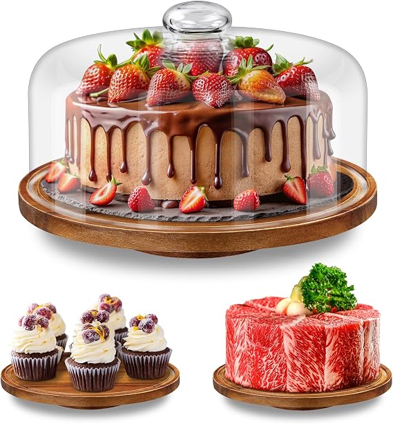 Yangbaga 11in Acacia Wood Cake Stand with Lid, Cake Holder with Glass Dome