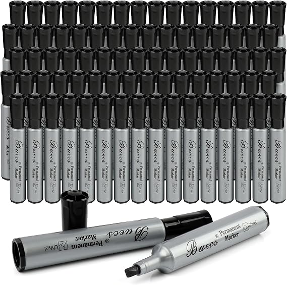 Buecs Permanent Markers, 80 Count Black Permanent Markers, Chisel tip, Waterproof &Fade Resistant, Quick Drying, Office Supplies for School, Office, Home