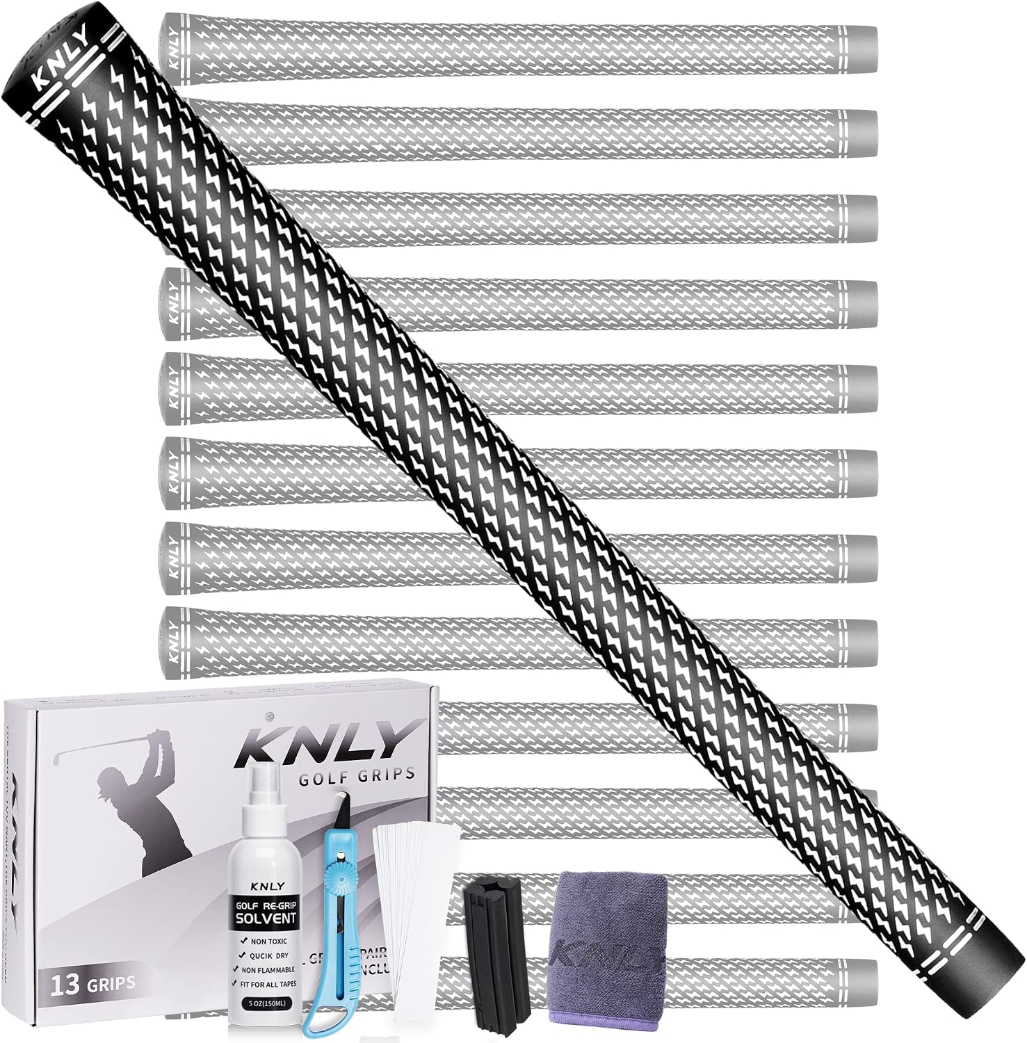 KNLY 360 Golf Grips Set of 13 - Soft Rubber Golf Club Grips, Non-Slip & High Traction, Grips with Tape and Grip, Full Grip Kit to Choose From Medium, Black, White-Pro Kit 13 Grips