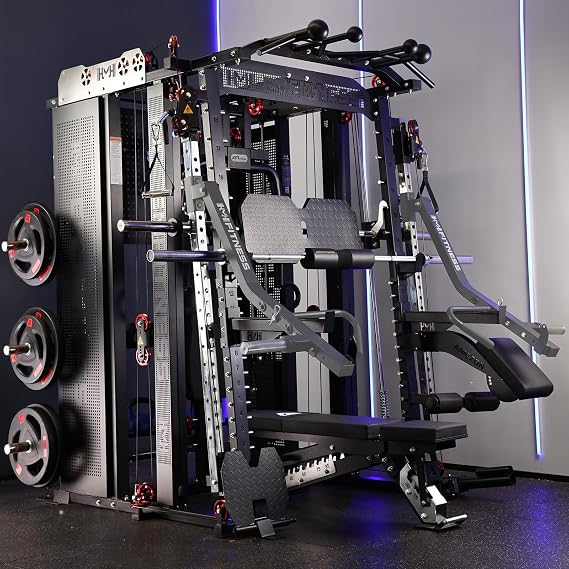 Commercial Smith Machine with Smith Bar, Power Cage Squat Rack with Lever Arm, Leg Press, LAT Pull Down System, Cable Crossover Machine