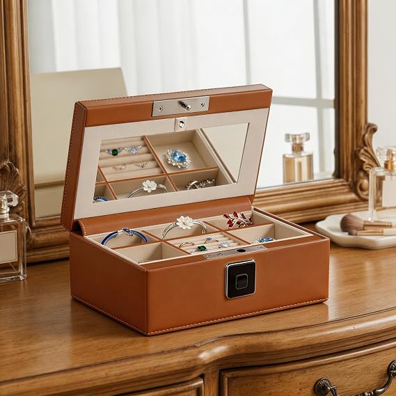 Jewellery Box, Leather Wrapped Jewellery Box with Lock & Mirror, Ultra-Lightweight, Biometric Fingerprint Safe Suitable for Home Use & On-the-Go(Three-Tier Brown)