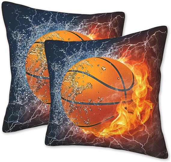 Set of 2 Throw Pillow Covers Soft Basketball and Lightening Pillow Cases 18x18 Inch Fire Water Basketball Modern Home Decor Pillow Covers for Couch Bed Sofa