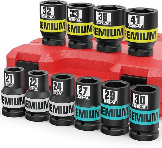 1" Drive Impact Socket Set, 10Pcs Deep Sockets, 21-41 mm Jumbo Socket Set, Repair Automotive Truck Tractor Engine Maintenance