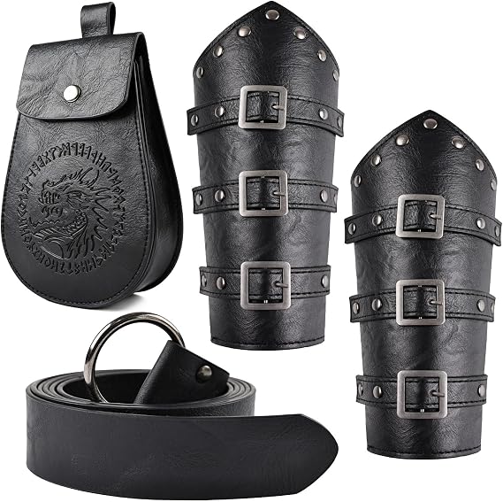 Renaissance Accessories 3 PCS - Viking Belt, Leather Bracers & Pouch for Halloween Cosplay | Adjustable