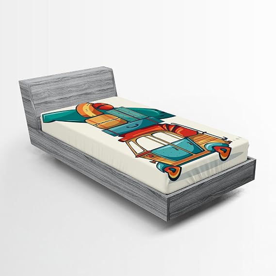 Ambesonne Vintage Car 2 Pack Fitted Sheet, Rickshaw Luggage, Bed Cover All-Round Elastic Deep Pockets 2 Pieces, Package Contains 2 Twin Size Fitted Sheets, Multicolor