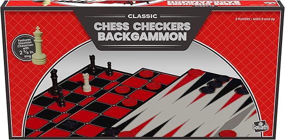 Goliath Games: Classic Chess, Checkers & Backgammon Triple Pack | Traditional Board Games for Kids and Adults | For 2 Players Ages 6+