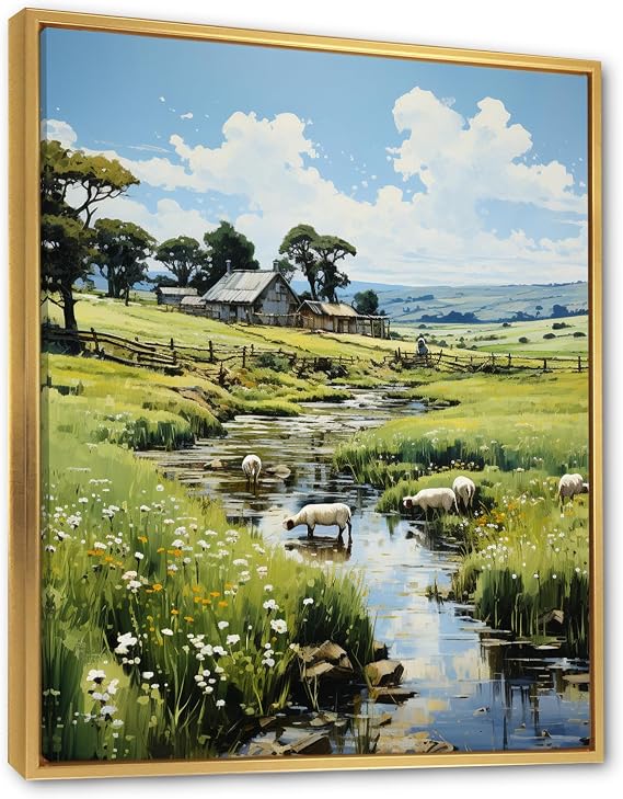 DesignQ Countryside Wall Art, In Pasture Countryside Sheep painting, Countryside Gold Framed Wall art decor, Green Country Canvas wall art, 24x32 inches