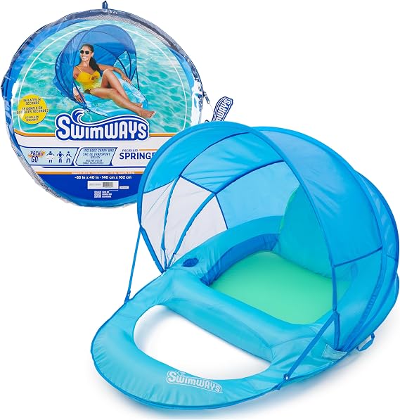 SwimWays Spring Float Recliner, Fast-Inflating Adult Pool Lounger; Ages 15+ | Patented Fast Inflation for Immediate Use During Travel, Fits Most Adults and Teens, Teens & Adults Can Lounge Comfortably