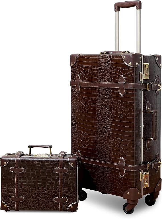 urecity Cute Vintage Look Lightweight Spinner Luggage Set of 2 Pieces, Travel Set includes a Tote Bag, Luxury Designer Retro Trunk Luggage (20"+12", Brown)