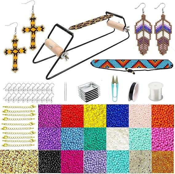 SHUANGART Frame Beading Loom Kit for Beaded Bracelets Earrings Belts Making, Includes 17250 3mm Seed Beads,150 Meter Crystal Elastic Cord, Beading Trays, Needles and Instruction for DIY Craft Jewelry