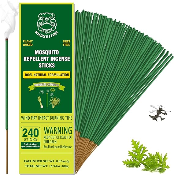 KICKOUTOR Natural Citronella Mosquito Repellent Incense Sticks, 240 Count | Plant-Based Outdoor Protection for Patios, Backyard Gatherings & Camping, Up to 1 Hour Against Gnats & No-See-Ums