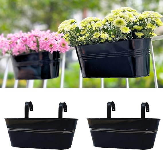 LaLaGreen Rail Planter (17 in, 2 Pack) Black Metal Deck Fence Flower Pots