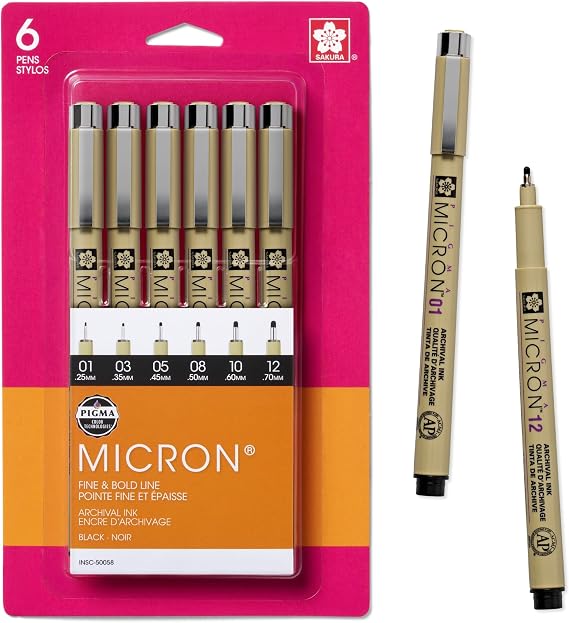 SAKURA Pigma Micron Black Ink Multi-tip Set, 6 Pack | Archival Ink Pens for Writing, Illustration, or Journaling, Fade Resistant, Precise, No Bleed