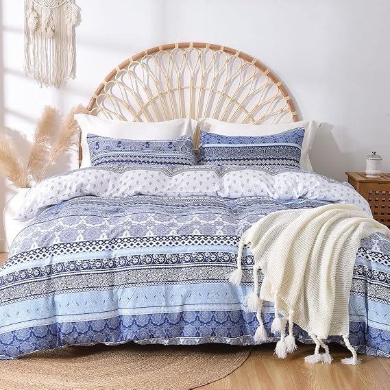 Lekesky Reversible Boho Duvet Cover Queen Size, Blue and White Geometric | Zipper Closure, 8 Interior Ties, Ultra Soft Microfiber Breathable, Machine Washable, 90" X 90",with 2 Pillowceses 20" X 26"