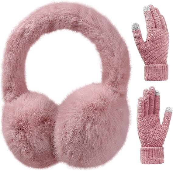 Women Winter Ear Muffs Gloves Set Girls Fluffy Earmuffs Touch Screen Gloves