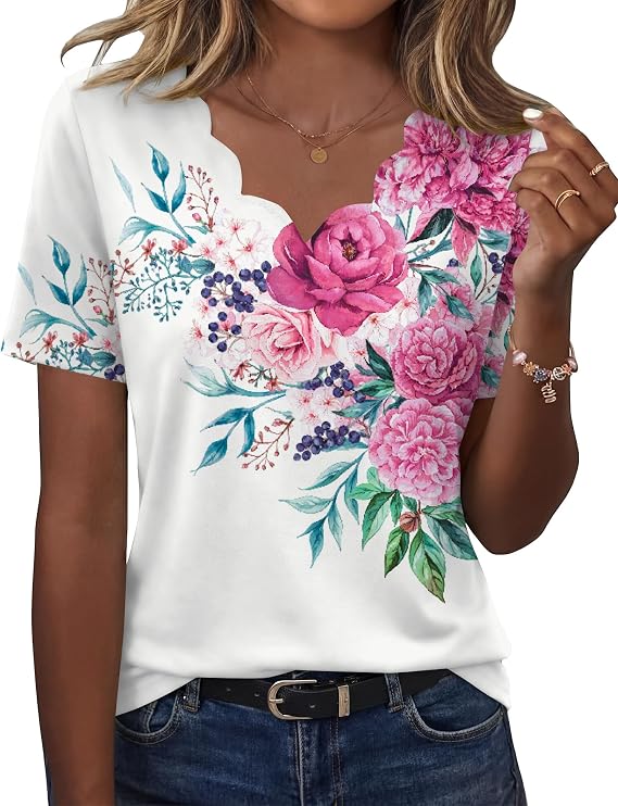 LOMON Womens Summer Tops V Neck Short Sleeve Shirts Dressy Casual Tunic Blouses Summer Fashion