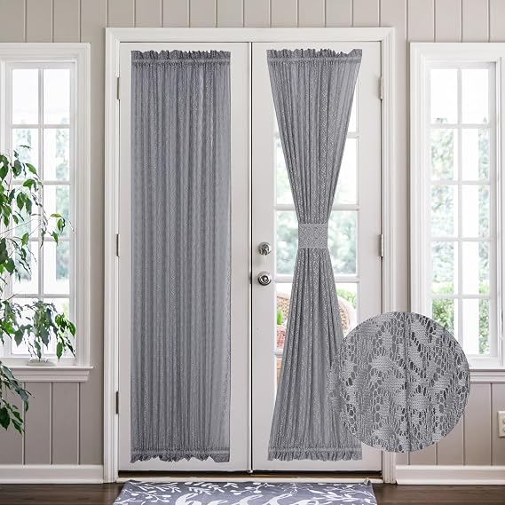 Grey Lace French Door Curtain Leaf Branch Knitted Textured Glass Door Curtains Floral Semi Sheer Door Panel for Kitchen Patio Front Door Tieback Included, Single Panel, 52 x 72 Inch