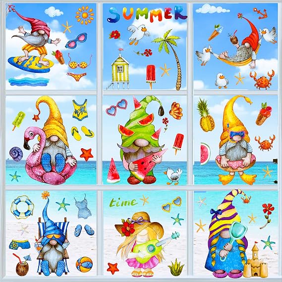 Summer Window Clings Gnome Stickers - Beach Watermelon Lemon Tropical 9 Sheets Window Decals Anti-Collision for Kids,for Glass Car Summer Party Decoration (82pcs)