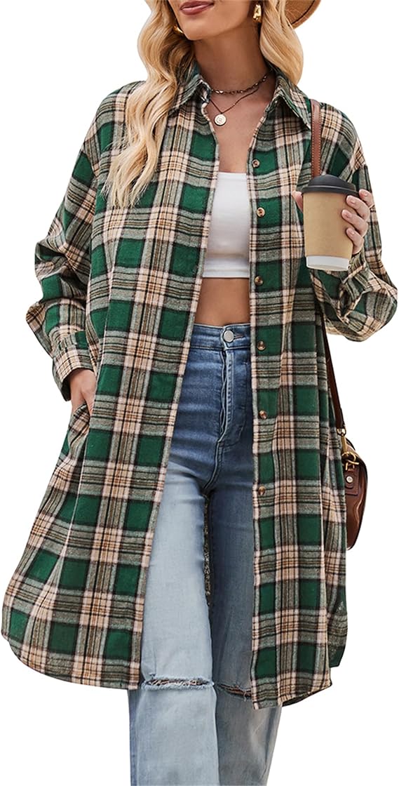 Zontroldy Long Flannel Shirt Women Buffalo Plaid Shirt Jacket Lightweight