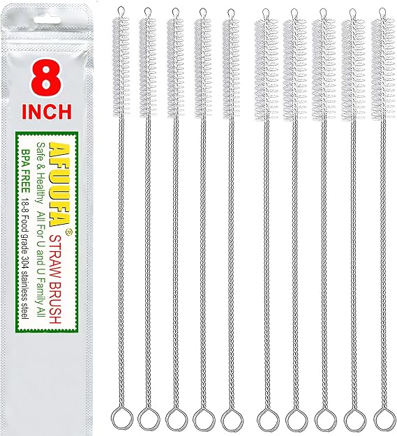 Straw Cleaner Brush Set 10 Pack, 5-Piece 8' x 8mm & 10mm Straw Brushes, Nylon & Stainless Steel, Durable, Perfect for Hummingbird Feeders & Reusable Straws
