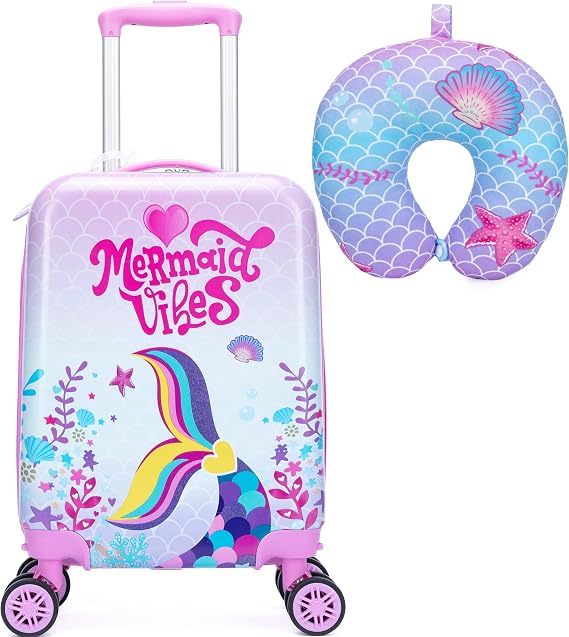 Cute Mermaid Kids Luggage Set 2 Piece Suitcase Set 16" Hardside Luggage with Spinner Wheels Girls Carry on Toddler Travel Rolling Luggage Airline Approved