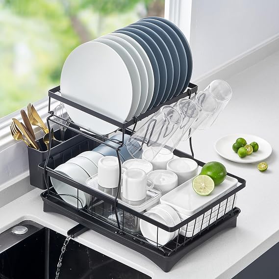 Reemix Dish Drying Rack, 2 Tier Dish Drainer with Removable Utensil Holder and Swivel, Durable High Carbon Steel Material, Larger Capacity, Easy Installation, Black