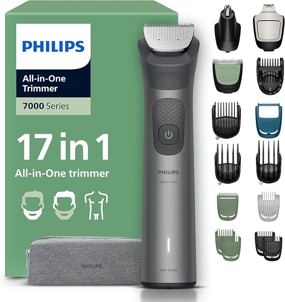 Philips Multigroom 7000 Series All-in-One 17-Piece Trimmer - Shaver and Clipper for Beard, Nose, Hair, and Body, Self-Sharpening Full Metal Blades, 26 Length Settings (0.5-20 mm), Model MG7961/15