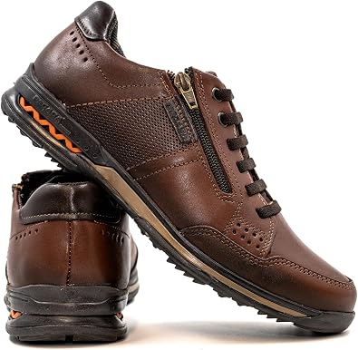 PEGADA Men's Genuine Leather Casual Sneakers, Model 114861,Memory Foam Athletic Shoes, Low-Top Modern Style, Slip-On with Zipper, Perforated Details