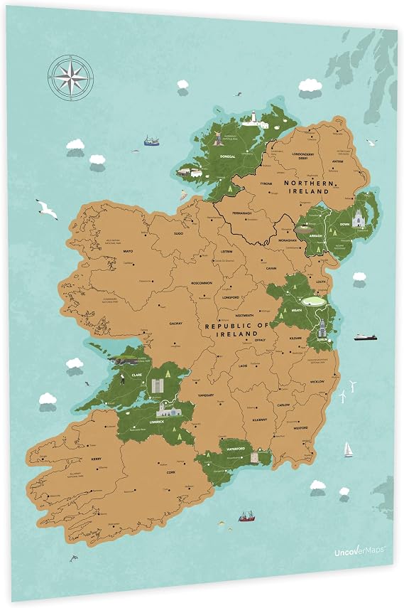 Island of Ireland Scratch Off Map - A2 Travel Poster with Illustrated Landmarks - Unique Camper Van Accessory, Classroom Map, or Wall Art Gift
